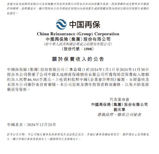 中國再保險：前11月經由營運子公司大地財險獲得的原保費收入總額約463.63億元