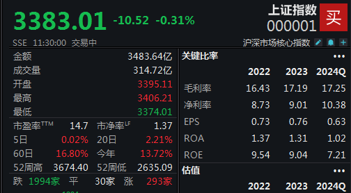 指數再度弱勢震蕩，滬指半日下跌0.31%