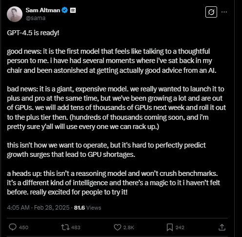 OpenAI推出GPT4.5研究預覽版 情商更高、幻覺更少 Altman：下周再增數萬GPU