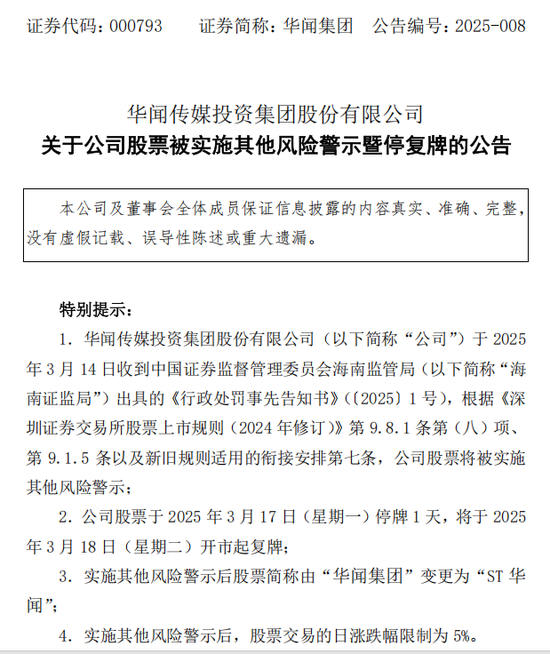 中青寶、華聞集團均公告稱，將被實施其他風險警示