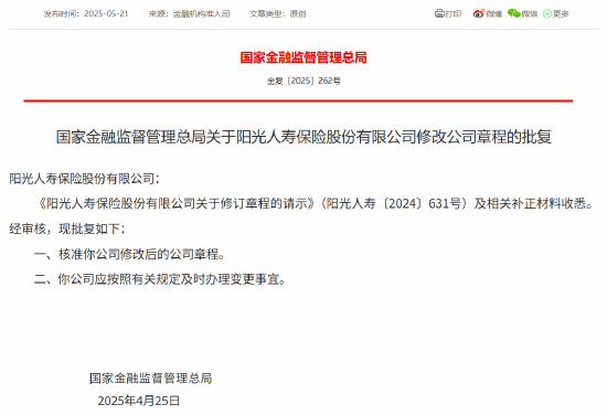 陽光人壽修改公司章程獲核準