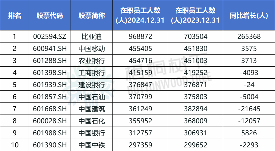 A股公司員工人數排名，比亞迪最多，96.89萬人，最少僅18人
